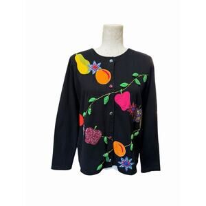 VTG Michael Simon Appliqué Embroidered Black Cardigan Sweater Fruit Womens Small